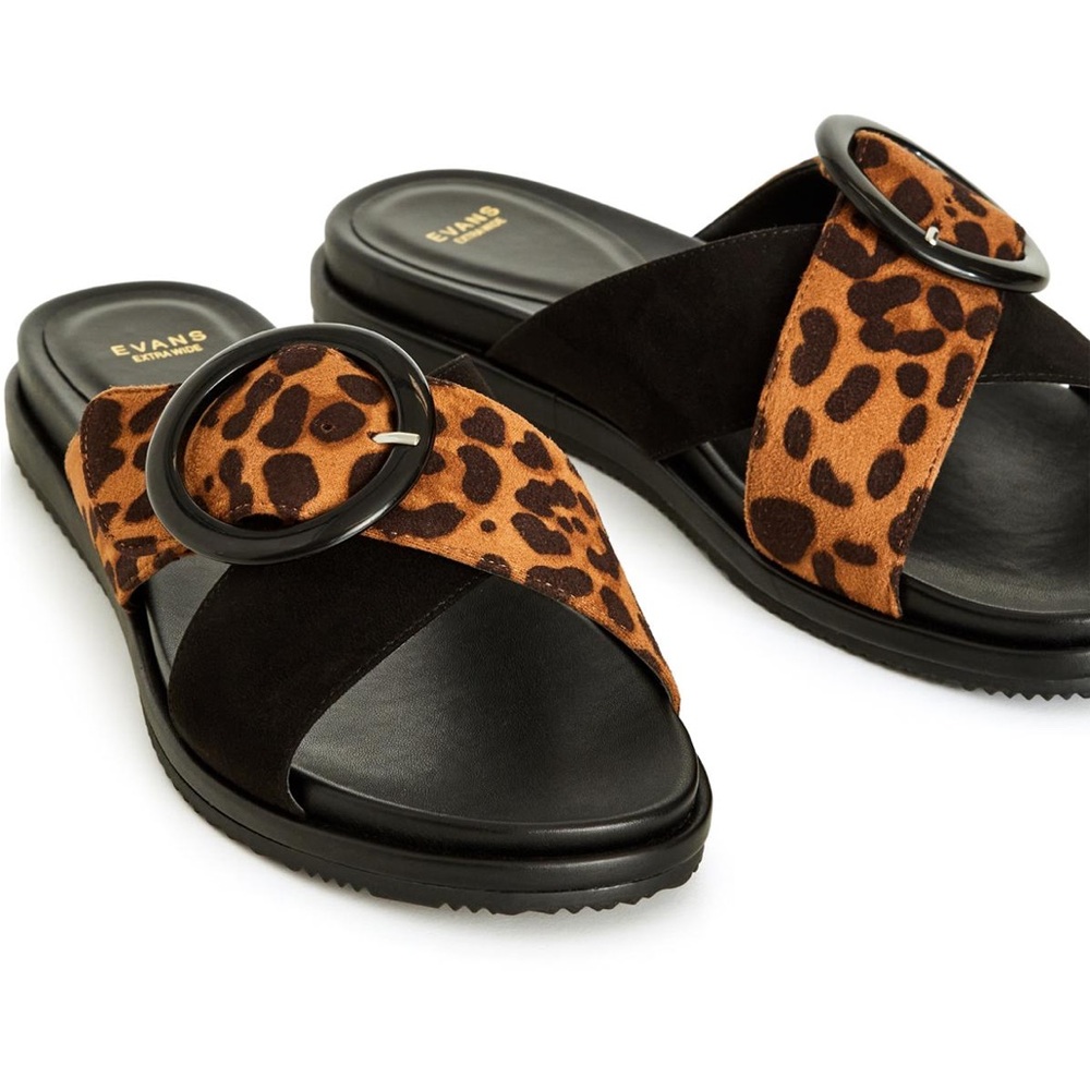 Enya Ring Sandal | Animal Print Black Sandal | Evans | Extra Wide | Size 9